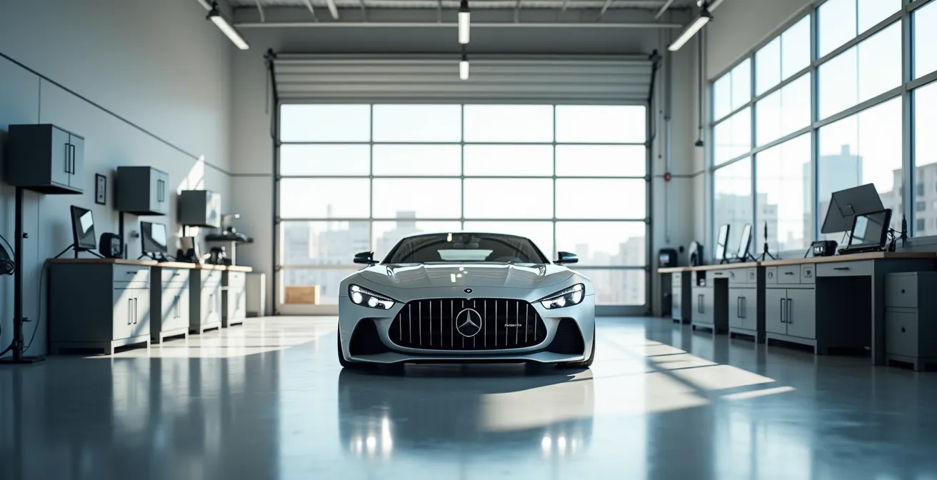 Vue large d'un atelier de detailing professionnel avec véhicule en préparation