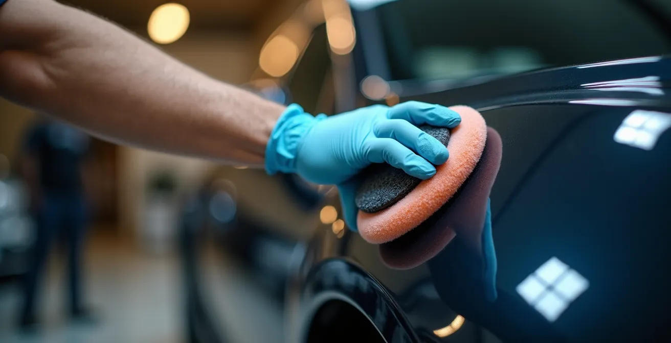 Main d'un professionnel du detailing appliquant un traitement sur une carrosserie