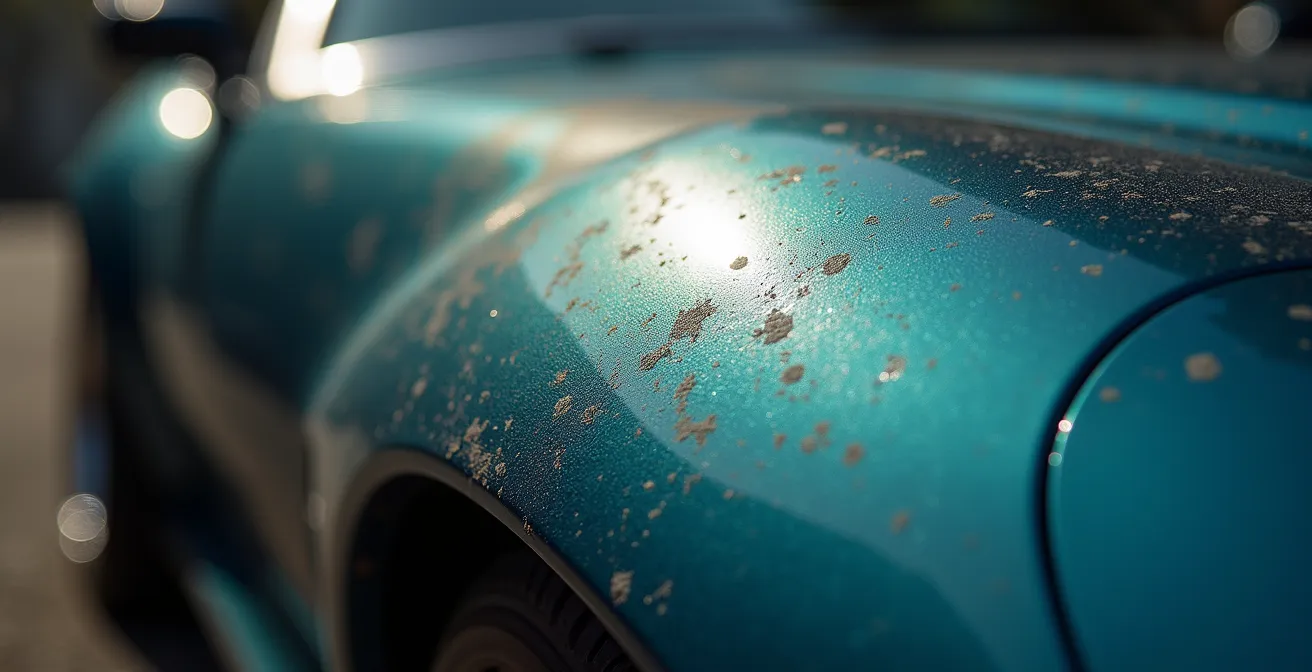 Détail macro de micro-rayures sur une carrosserie automobile